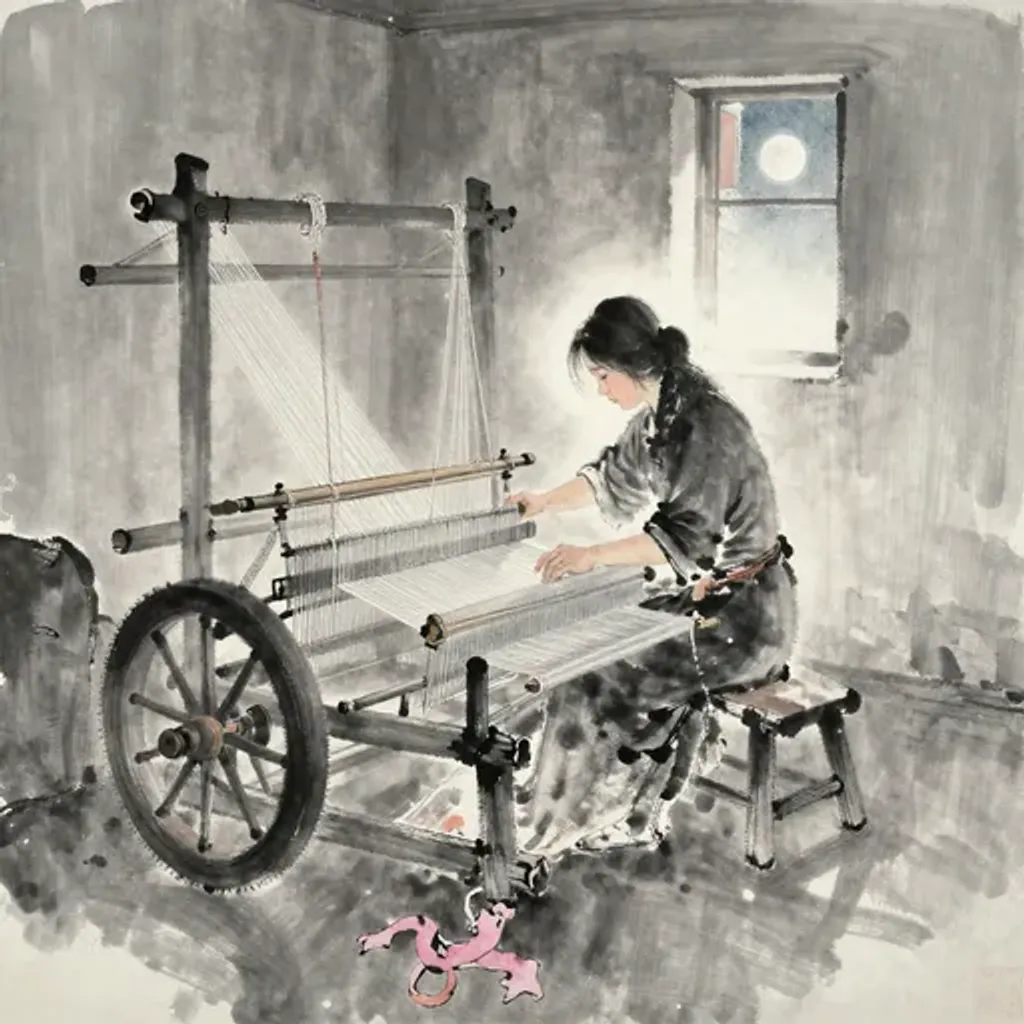 Ink brush artwork for the Yilin verse on Hexagram 5 changing to Hexagram 9