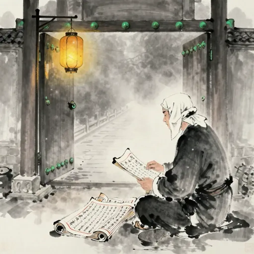 Ink brush artwork for the Yilin verse on Hexagram 50 changing to Hexagram 35