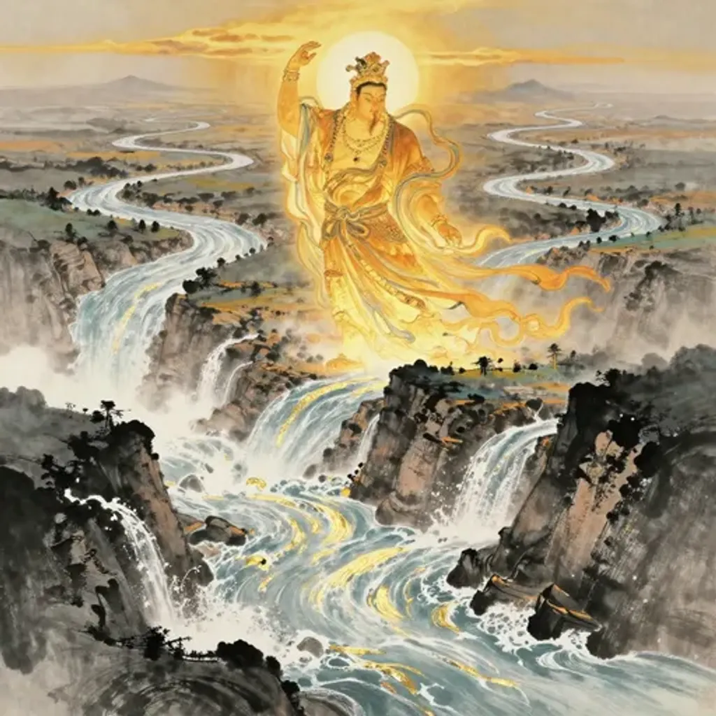 Ink brush artwork for the Yilin verse on Hexagram 51 changing to Hexagram 14