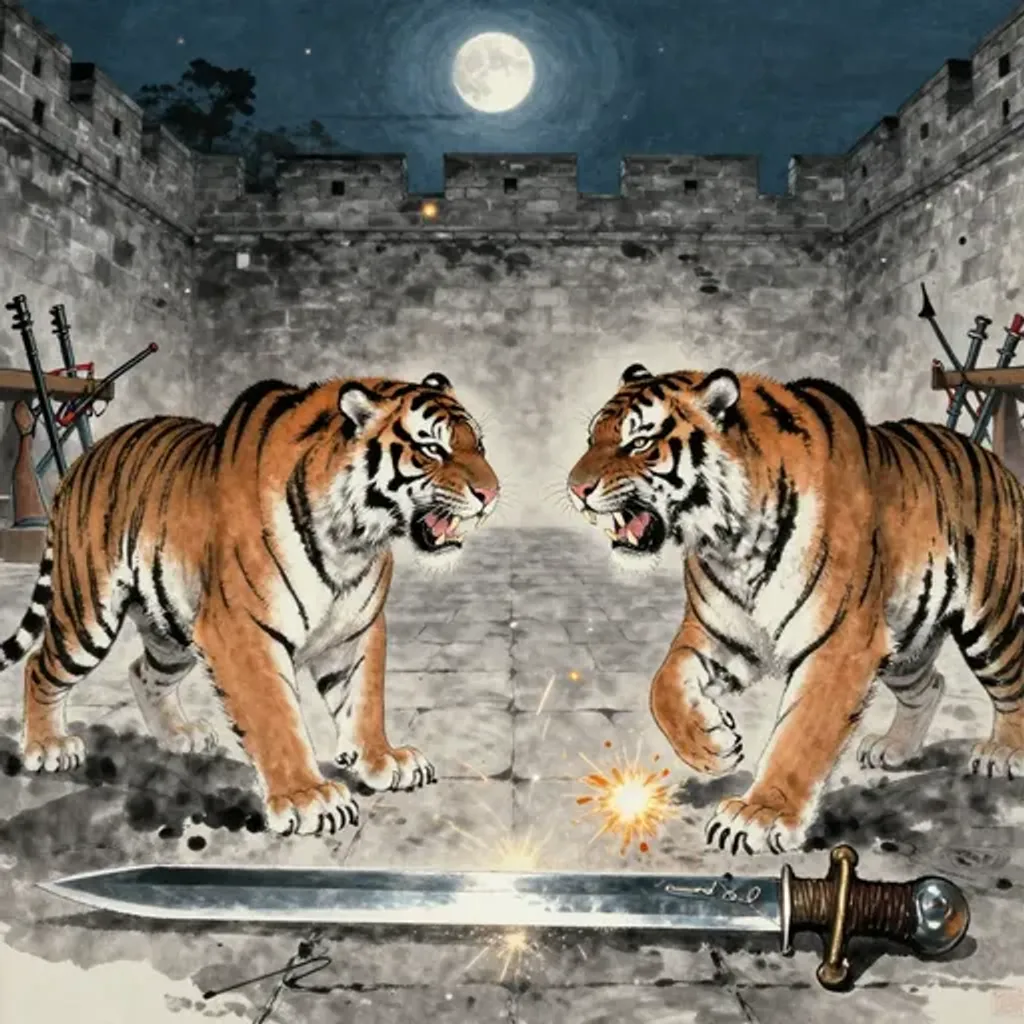Ink brush artwork for the Yilin verse on Hexagram 51 changing to Hexagram 16
