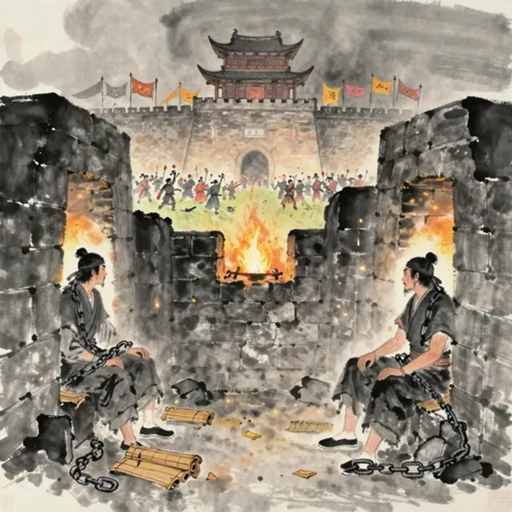 Ink brush artwork for the Yilin verse on Hexagram 51 changing to Hexagram 34