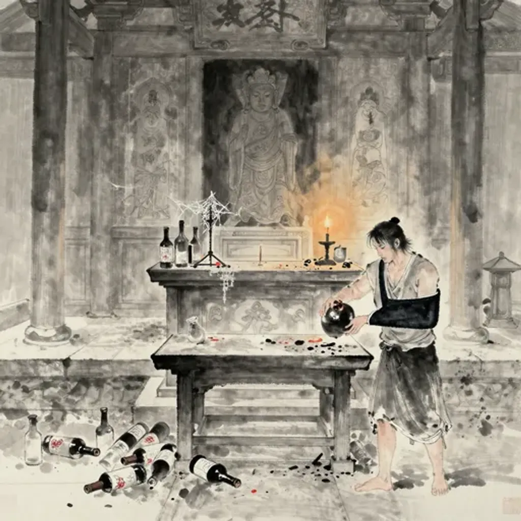 Ink brush artwork for the Yilin verse on Hexagram 51 changing to Hexagram 38