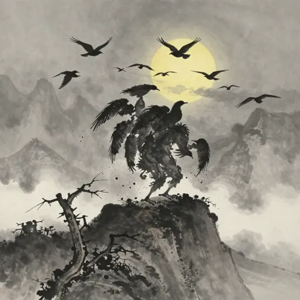 Ink brush artwork for the Yilin verse on Hexagram 51 changing to Hexagram 4