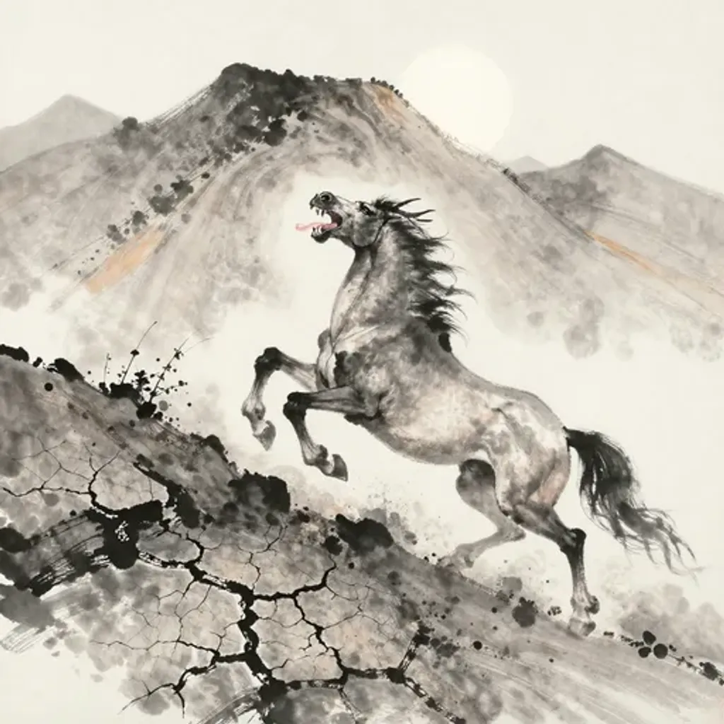 Ink brush artwork for the Yilin verse on Hexagram 51 changing to Hexagram 44