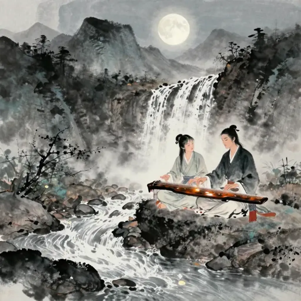Ink brush artwork for the Yilin verse on Hexagram 51 changing to Hexagram 46
