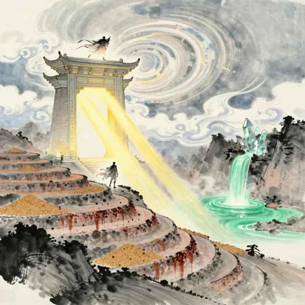 Ink brush artwork for the Yilin verse on Hexagram 51 changing to Hexagram 49
