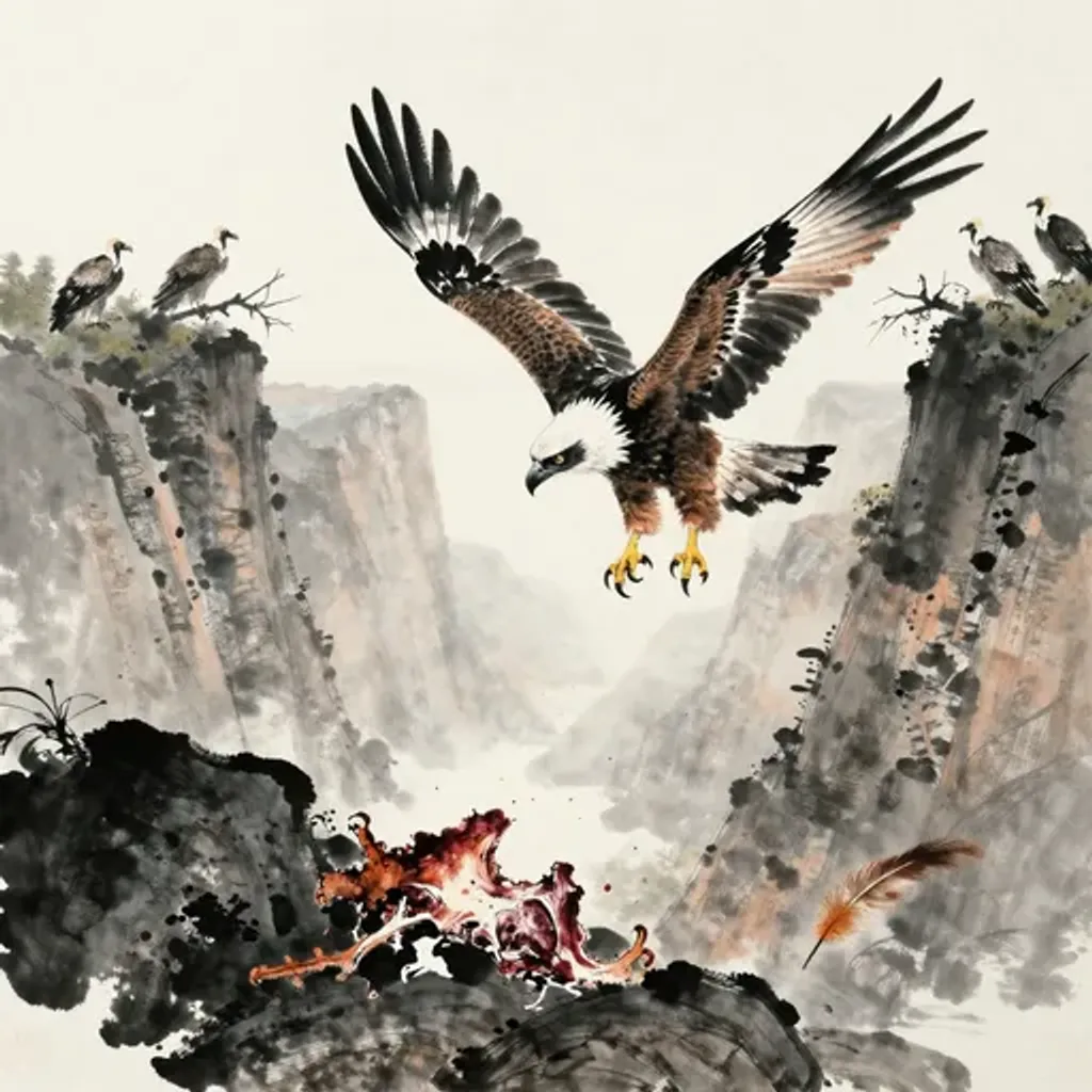 Ink brush artwork for the Yilin verse on Hexagram 51 changing to Hexagram 59