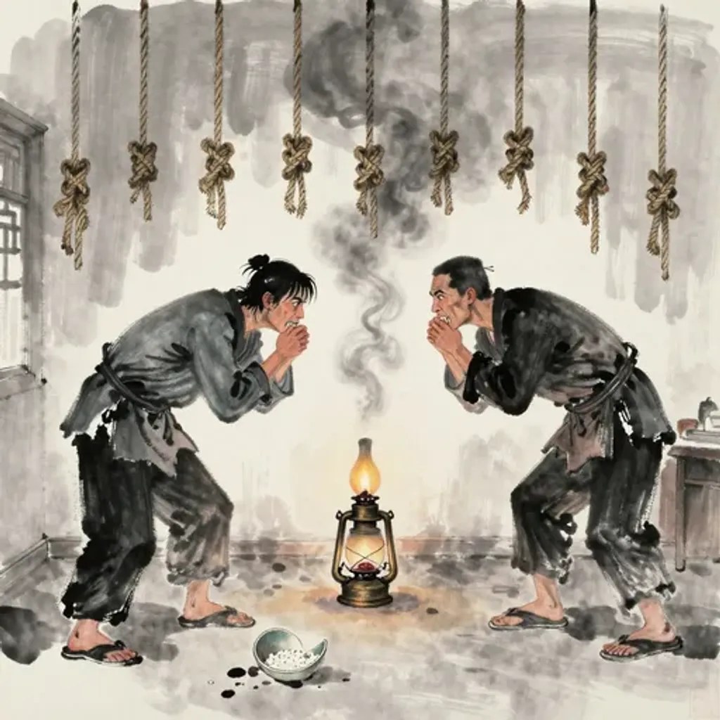 Ink brush artwork for the Yilin verse on Hexagram 51 changing to Hexagram 63