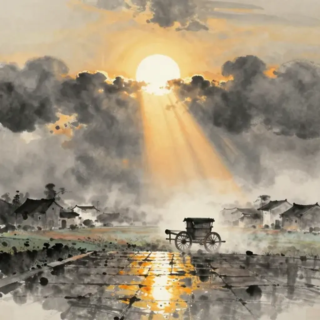 Ink brush artwork for the Yilin verse on Hexagram 51 changing to Hexagram 64