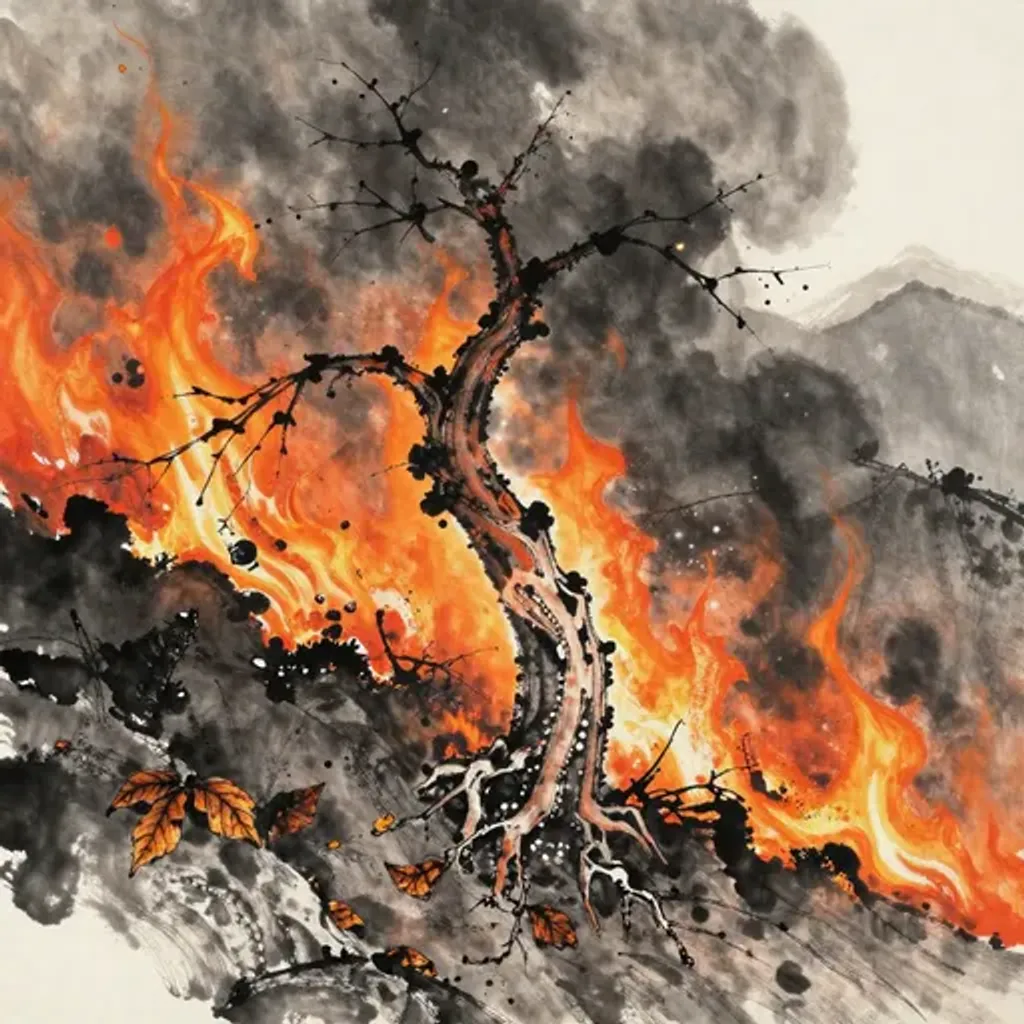 Ink brush artwork for the Yilin verse on Hexagram 52 changing to Hexagram 5