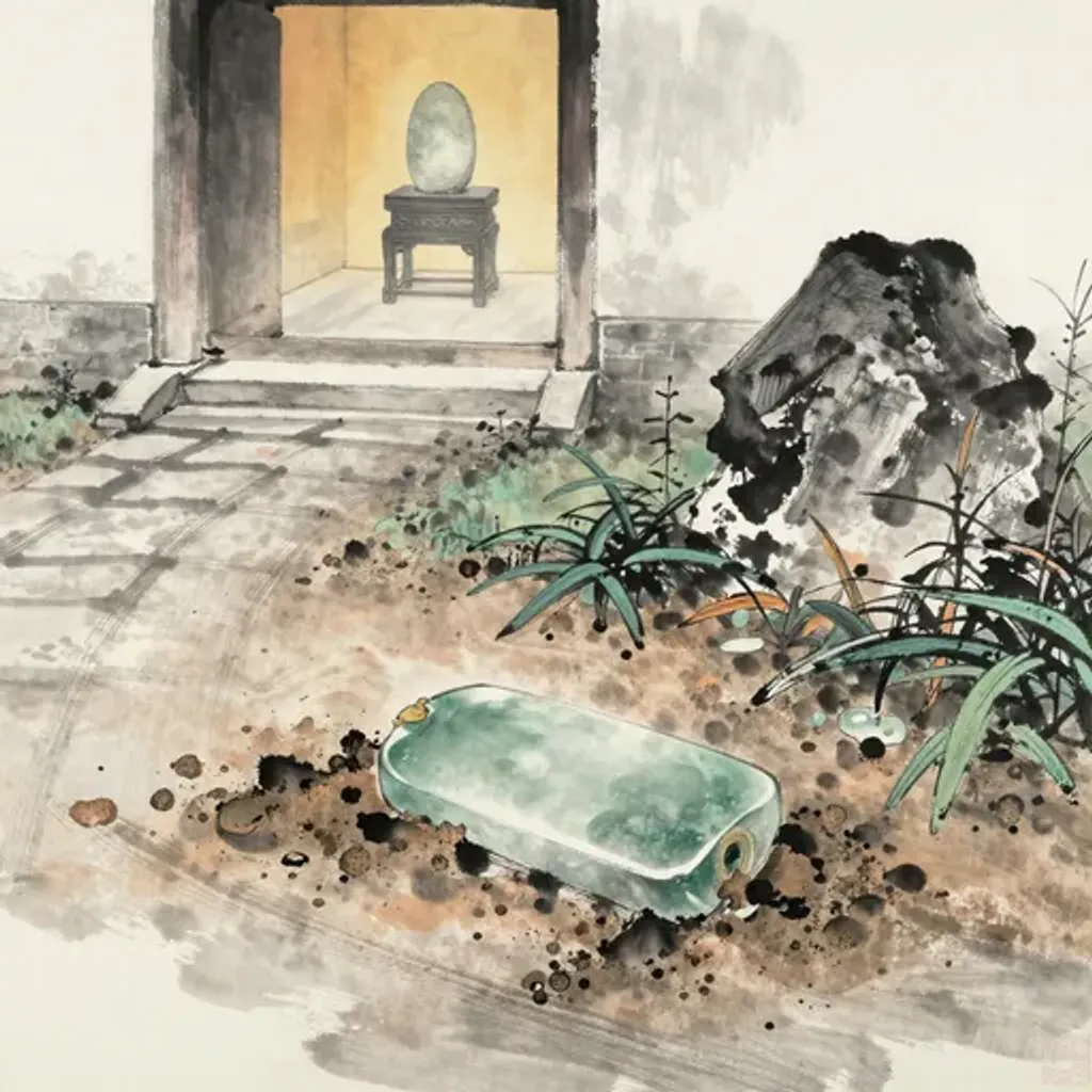 Ink brush artwork for the Yilin verse on Hexagram 53 changing to Hexagram 47