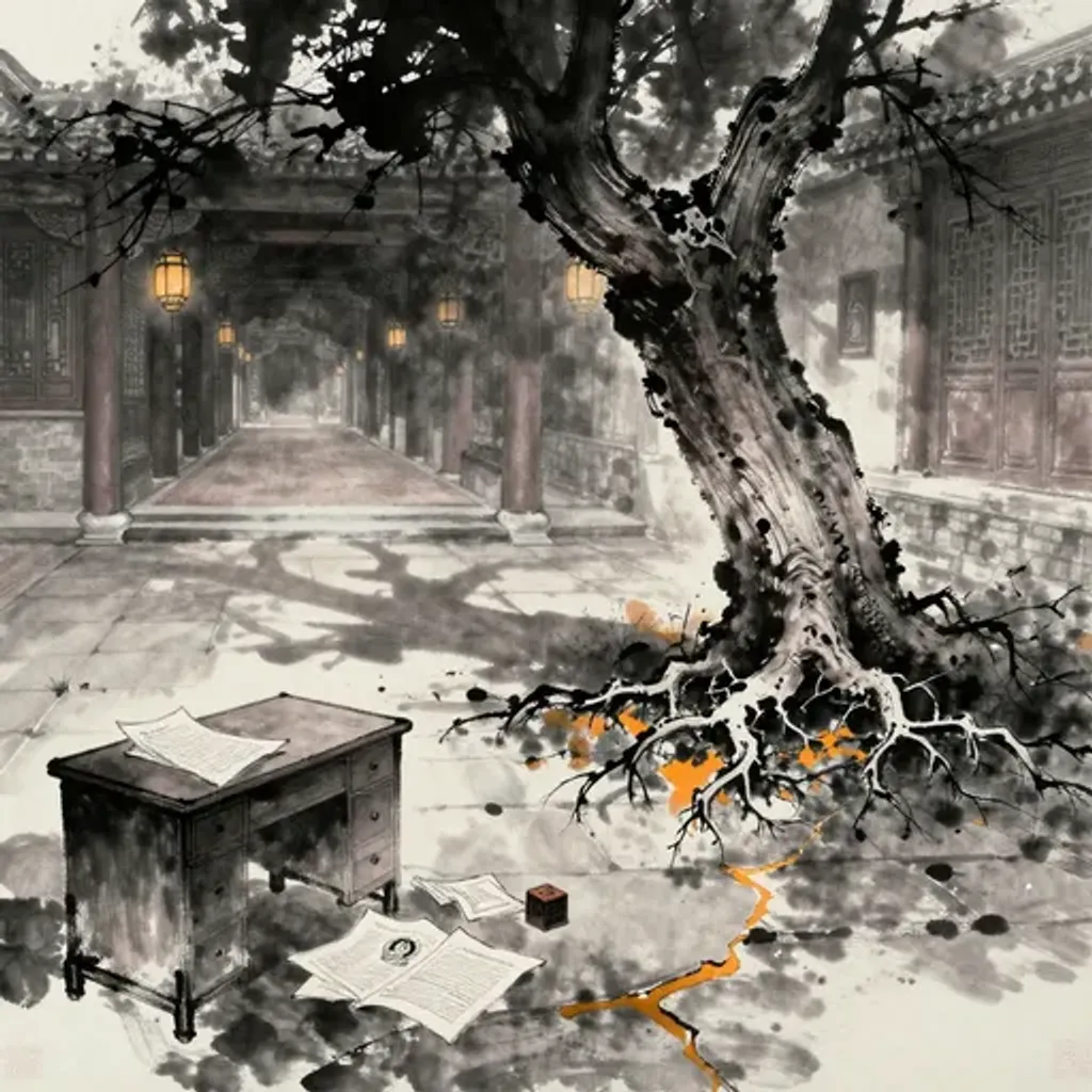 Ink brush artwork for the Yilin verse on Hexagram 53 changing to Hexagram 64