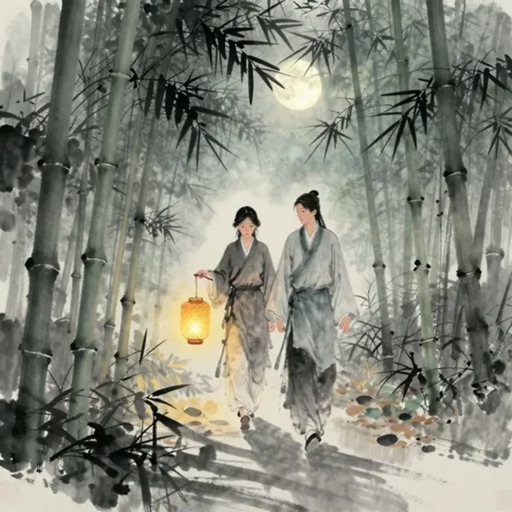 Ink brush artwork for the Yilin verse on Hexagram 54 changing to Hexagram 14
