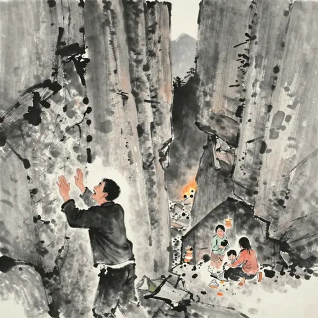 Ink brush artwork for the Yilin verse on Hexagram 54 changing to Hexagram 47