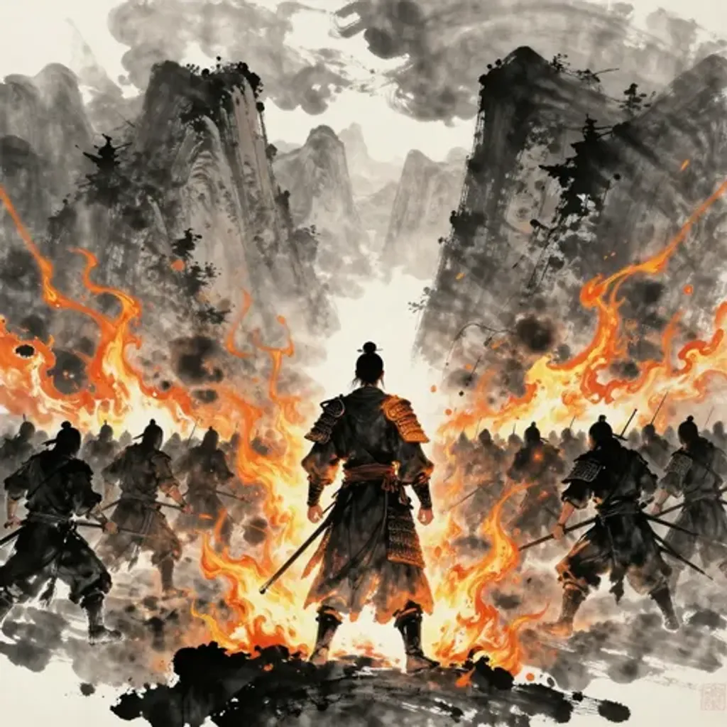 Ink brush artwork for the Yilin verse on Hexagram 54 changing to Hexagram 51