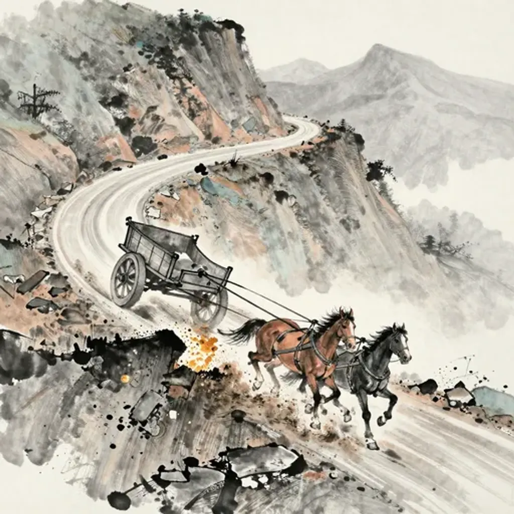 Ink brush artwork for the Yilin verse on Hexagram 54 changing to Hexagram 57