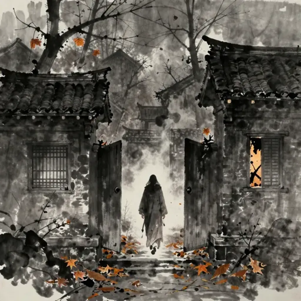 Ink brush artwork for the Yilin verse on Hexagram 55 changing to Hexagram 10