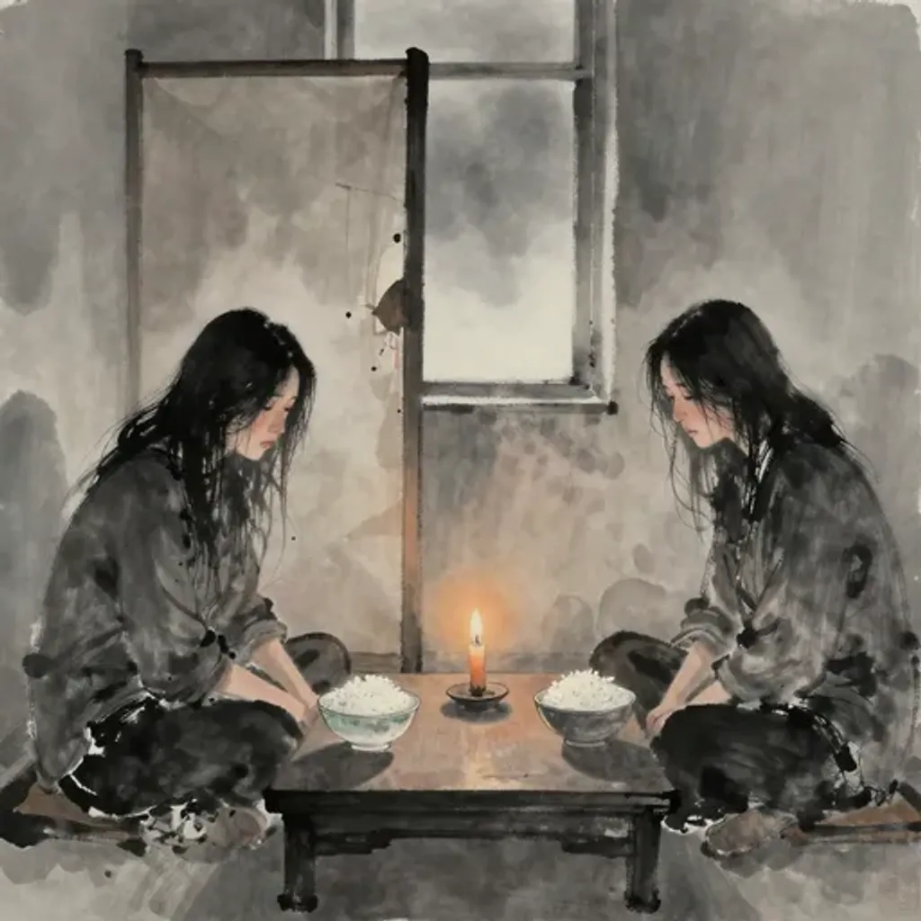 Ink brush artwork for the Yilin verse on Hexagram 55 changing to Hexagram 41