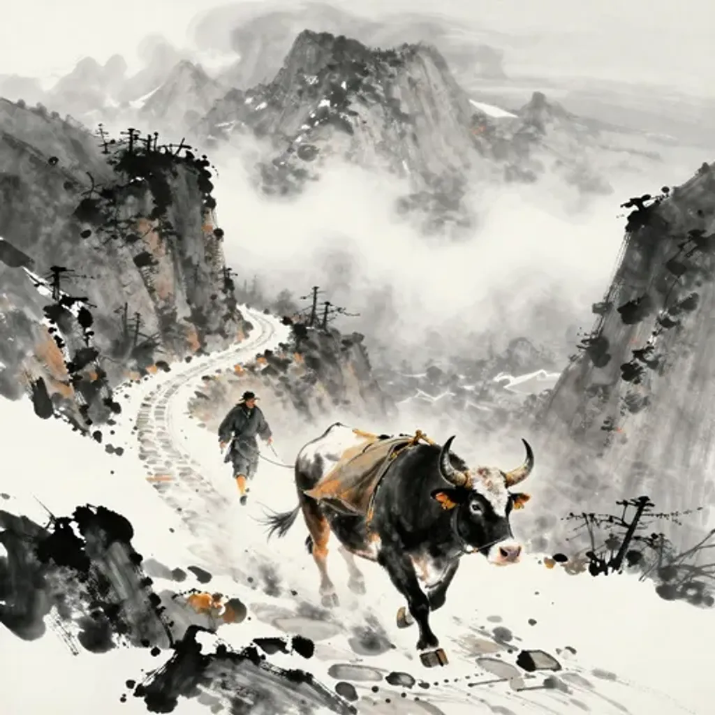 Ink brush artwork for the Yilin verse on Hexagram 55 changing to Hexagram 63
