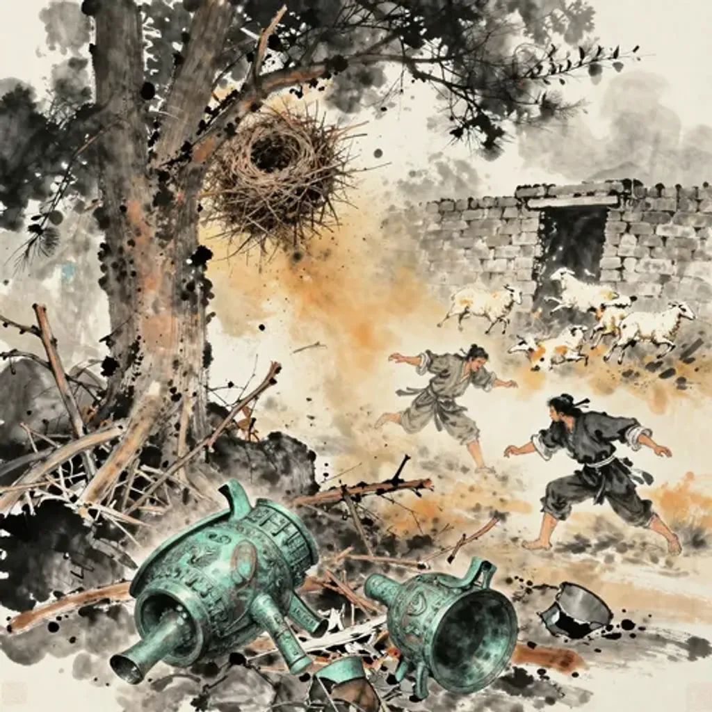 Ink brush artwork for the Yilin verse on Hexagram 56 changing to Hexagram 26