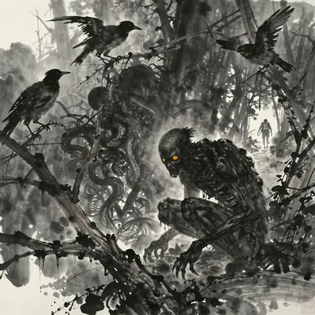 Ink brush artwork for the Yilin verse on Hexagram 56 changing to Hexagram 3