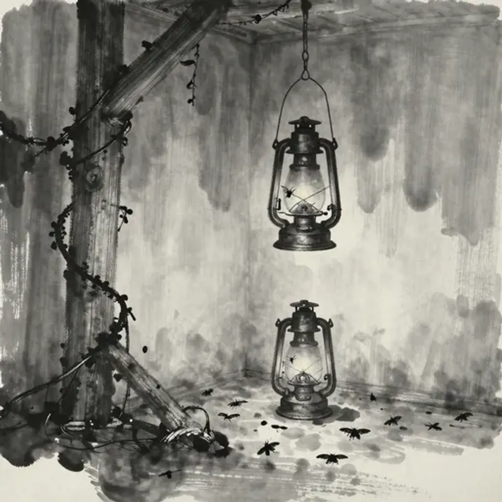 Ink brush artwork for the Yilin verse on Hexagram 57 changing to Hexagram 21