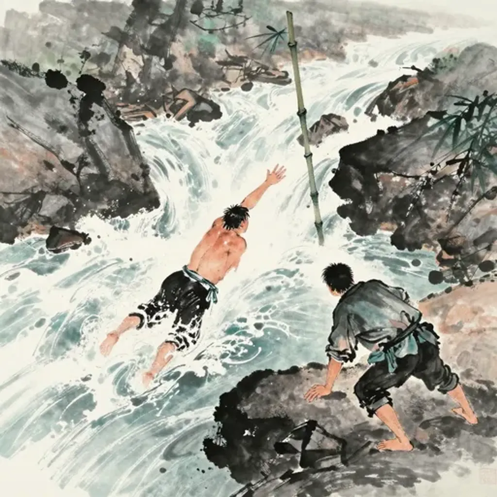 Ink brush artwork for the Yilin verse on Hexagram 57 changing to Hexagram 40