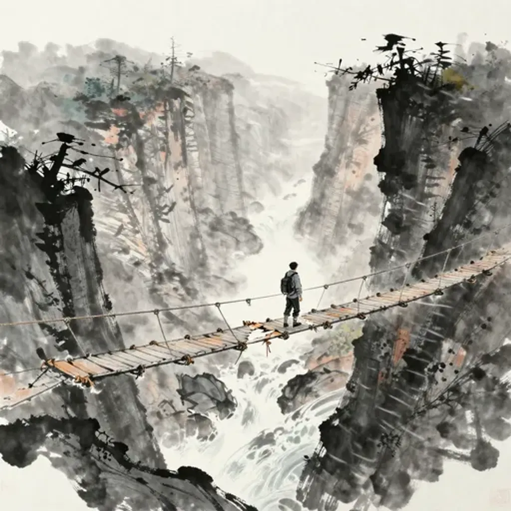 Ink brush artwork for the Yilin verse on Hexagram 57 changing to Hexagram 48