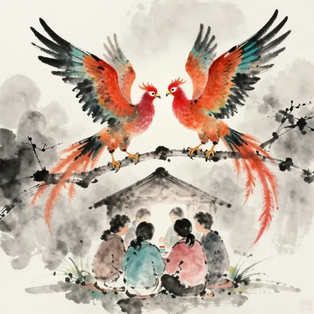 Ink brush artwork for the Yilin verse on Hexagram 57 changing to Hexagram 54