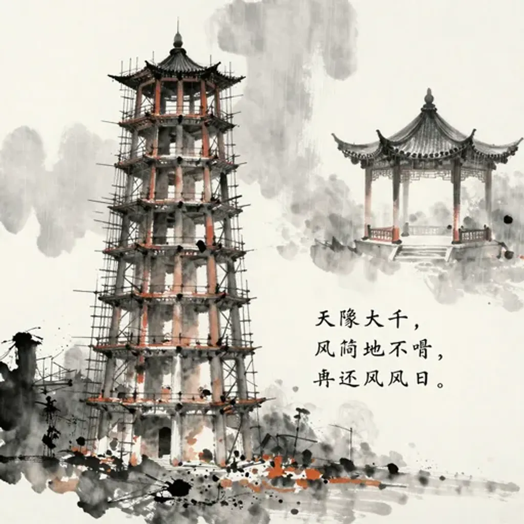 Ink brush artwork for the Yilin verse on Hexagram 57 changing to Hexagram 59