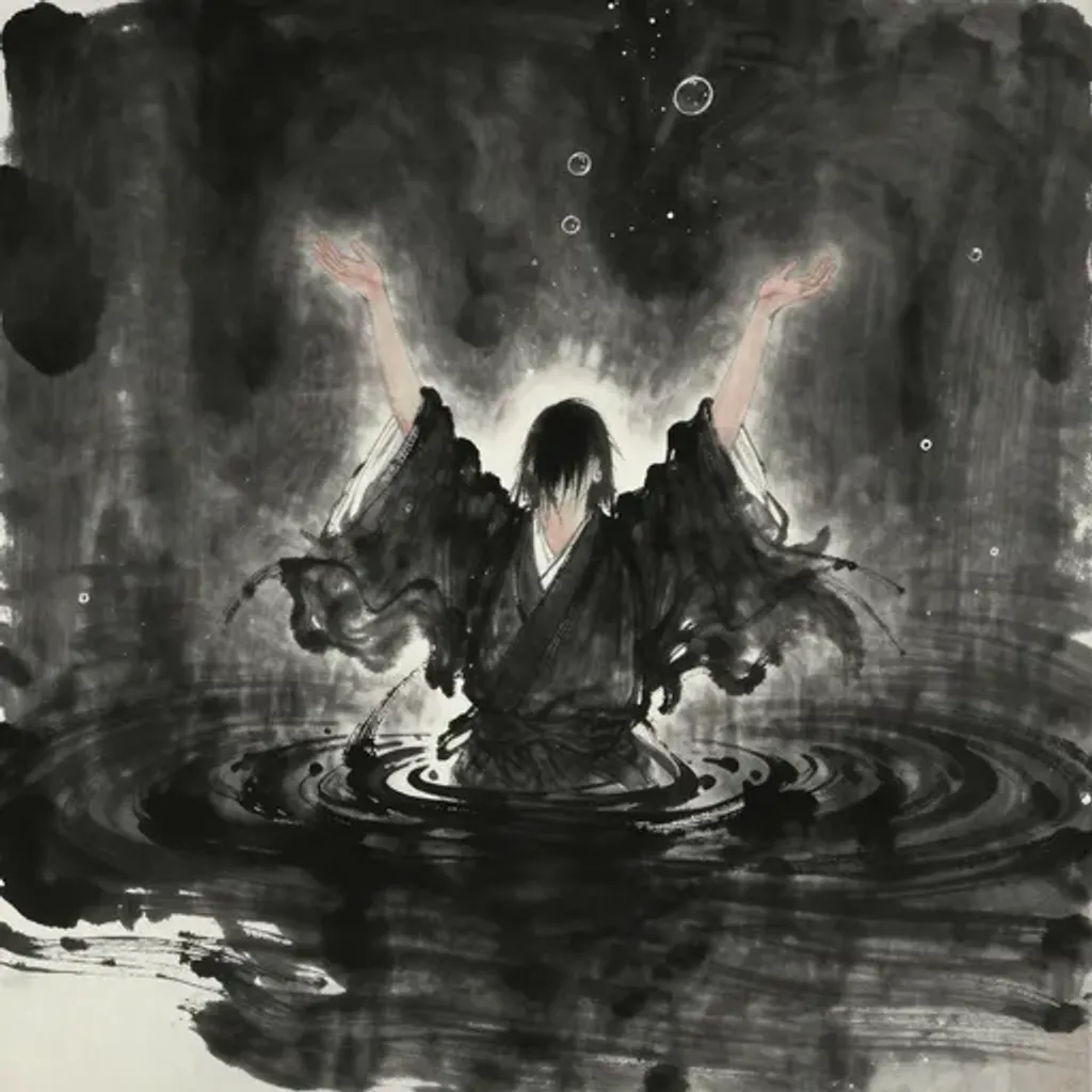 Ink brush artwork for the Yilin verse on Hexagram 57 changing to Hexagram 9