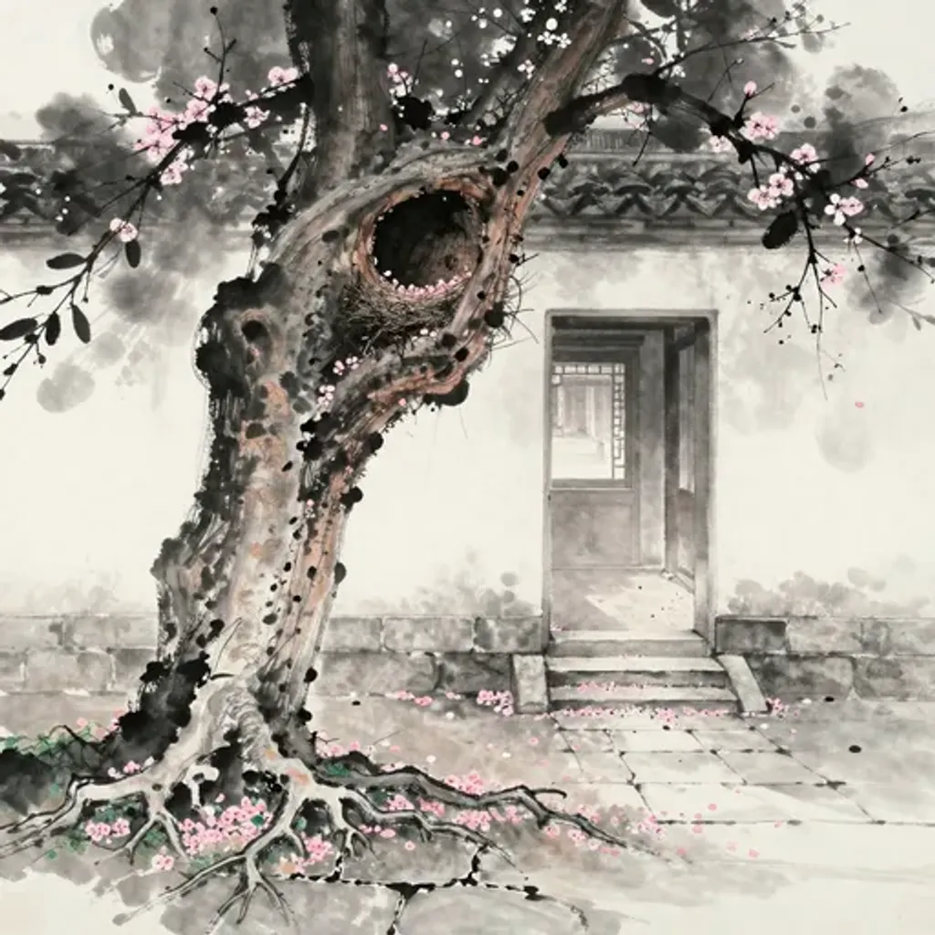 Ink brush artwork for the Yilin verse on Hexagram 58 changing to Hexagram 2