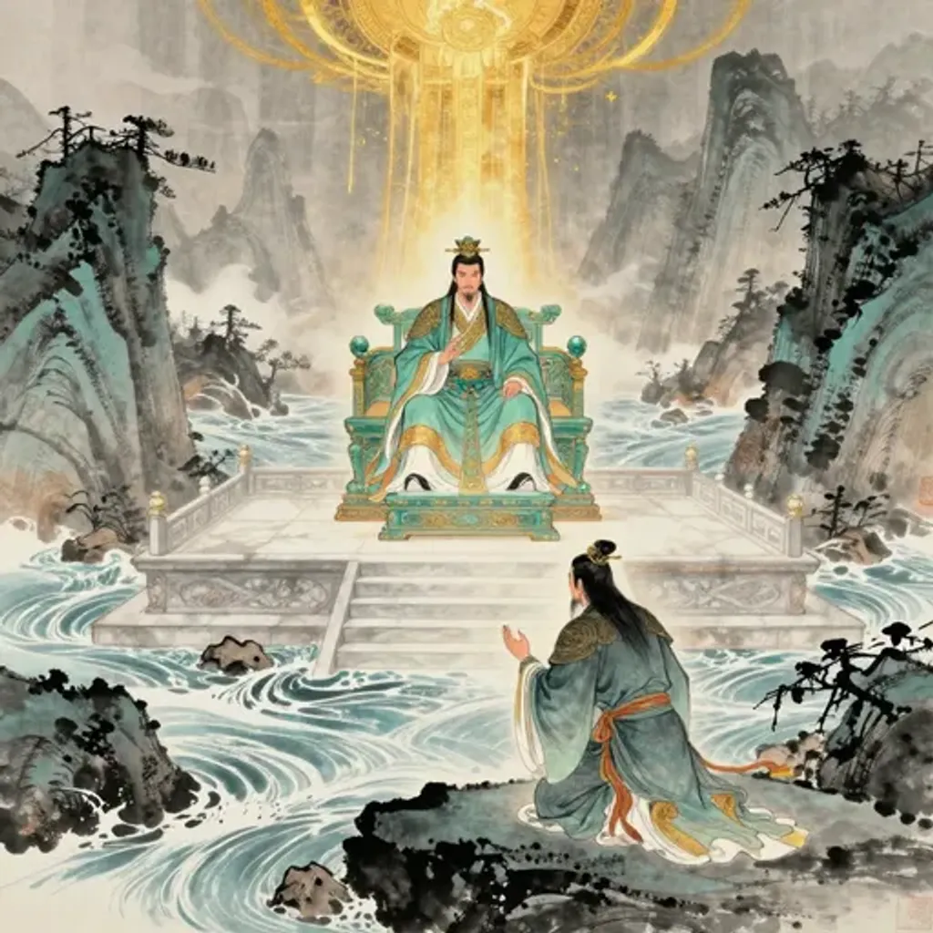 Ink brush artwork for the Yilin verse on Hexagram 58 changing to Hexagram 45