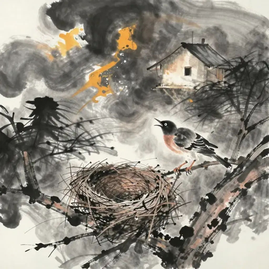 Ink brush artwork for the Yilin verse on Hexagram 58 changing to Hexagram 59