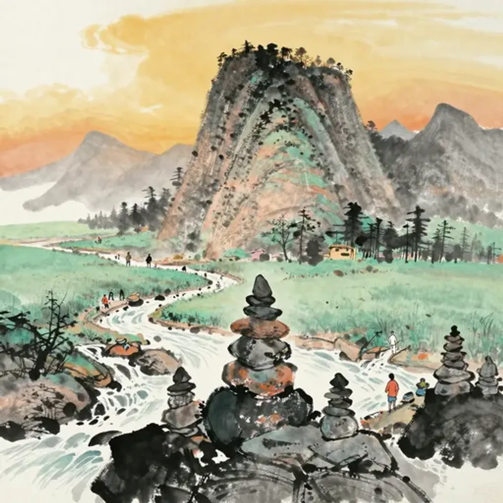 Ink brush artwork for the Yilin verse on Hexagram 58 changing to Hexagram 63