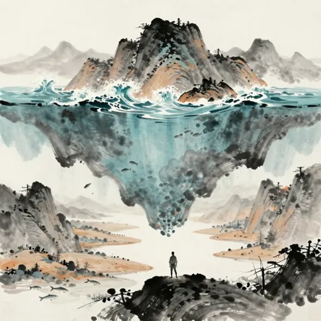 Ink brush artwork for the Yilin verse on Hexagram 59 changing to Hexagram 22
