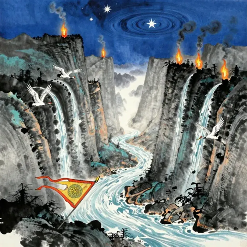 Ink brush artwork for the Yilin verse on Hexagram 59 changing to Hexagram 6
