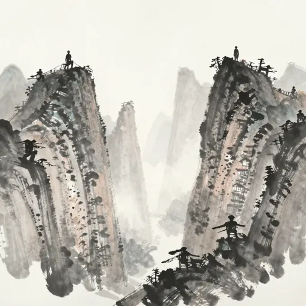 Ink brush artwork for the Yilin verse on Hexagram 59 changing to Hexagram 62