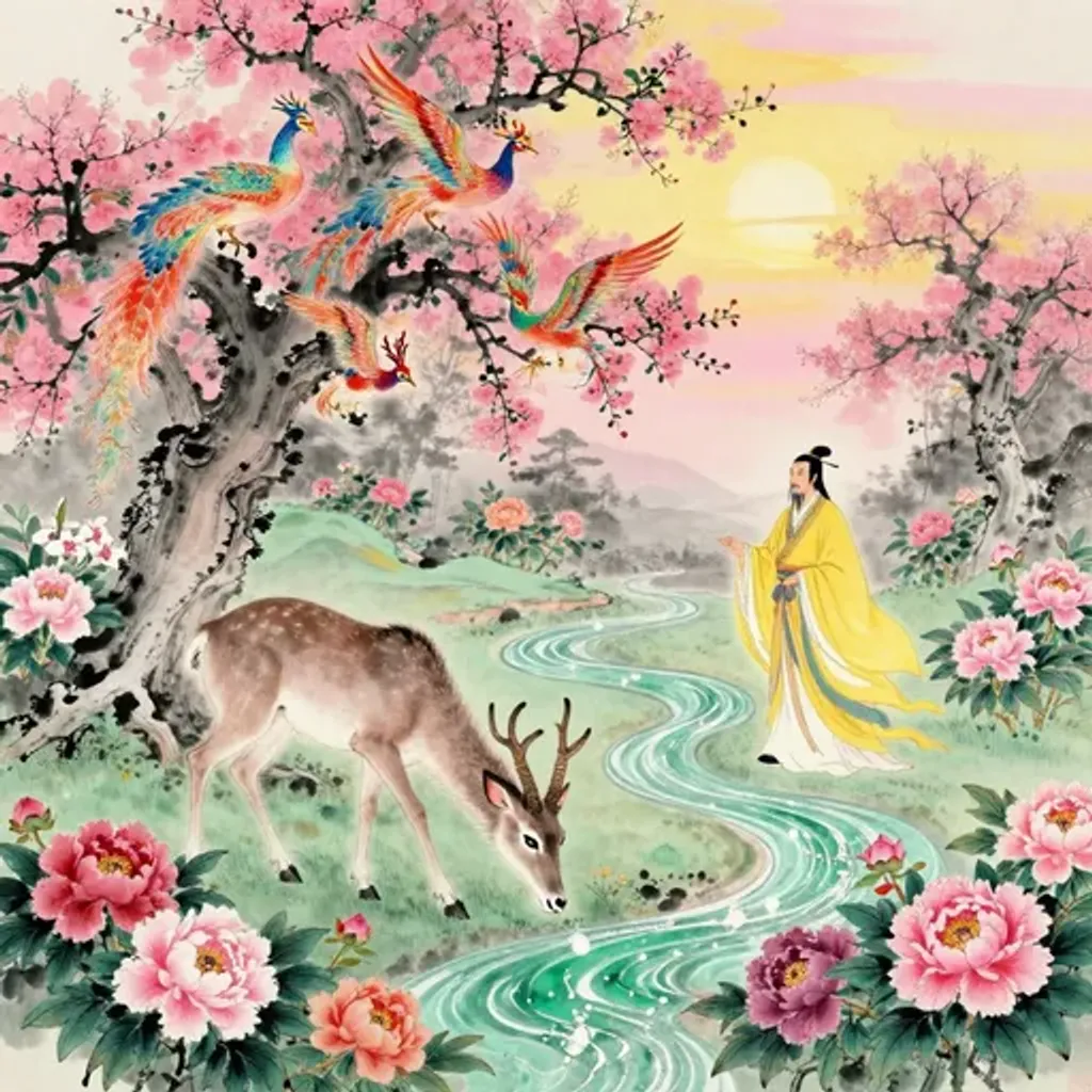 Ink brush artwork for the Yilin verse on Hexagram 6 changing to Hexagram 44