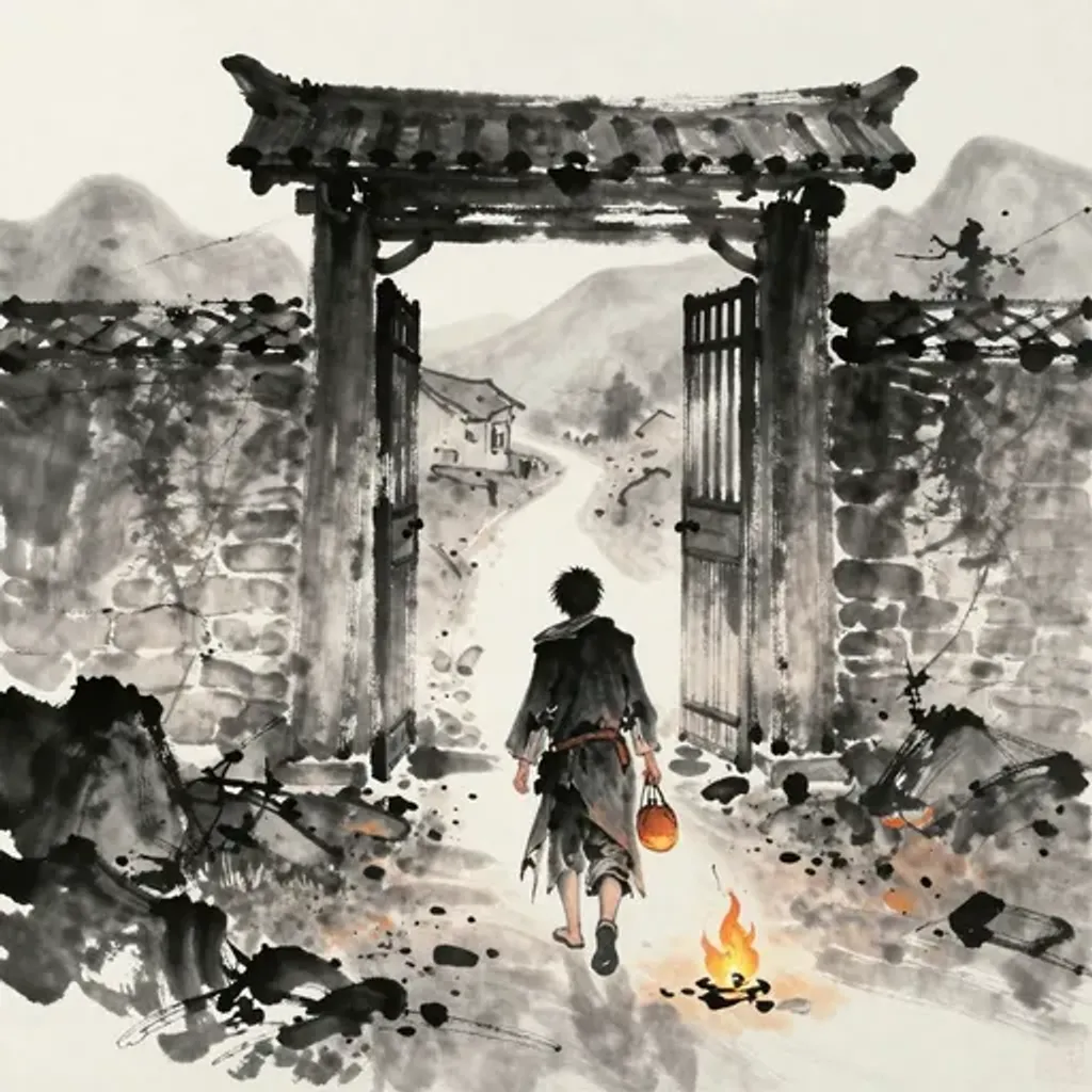 Ink brush artwork for the Yilin verse on Hexagram 6 changing to Hexagram 64