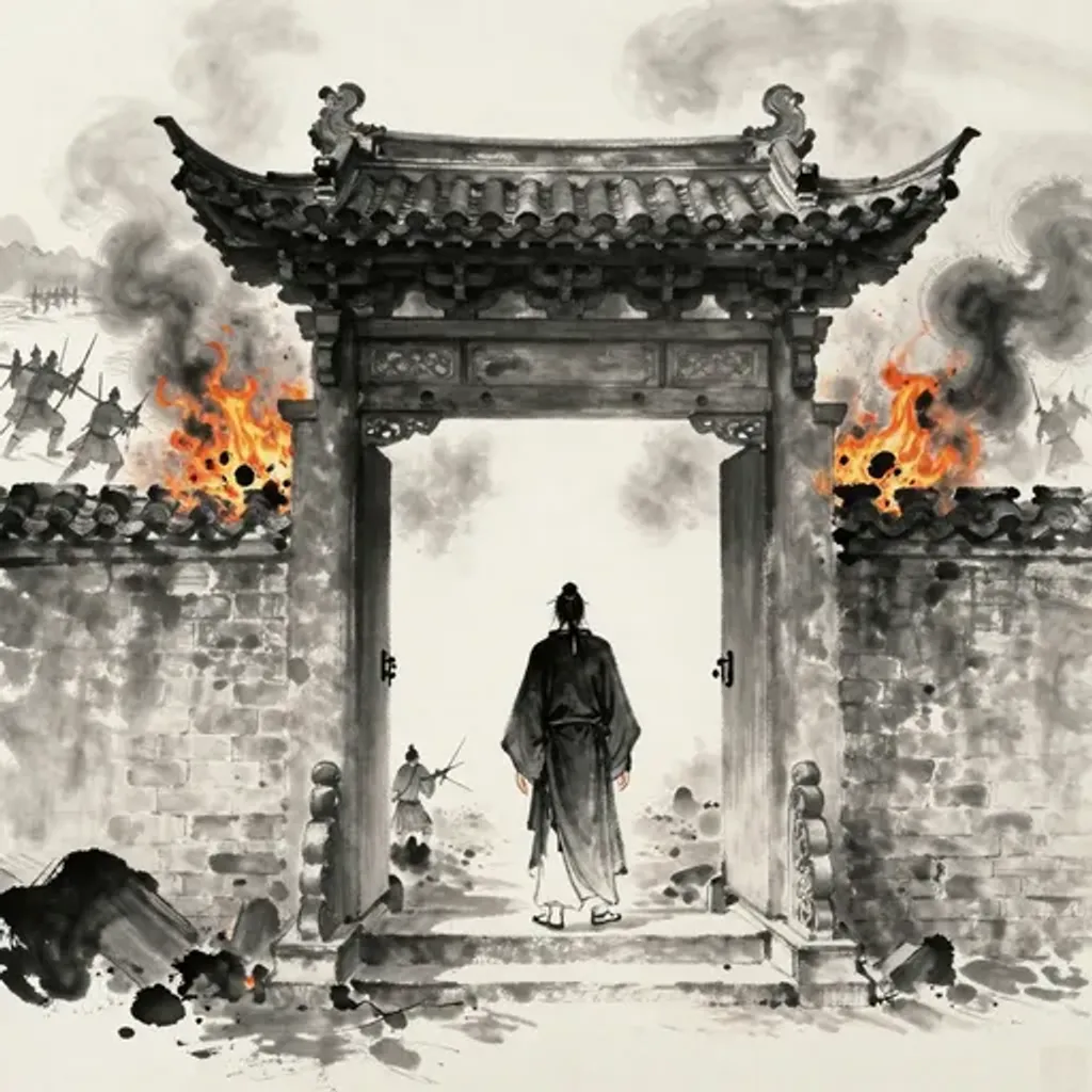 Ink brush artwork for the Yilin verse on Hexagram 60 changing to Hexagram 9