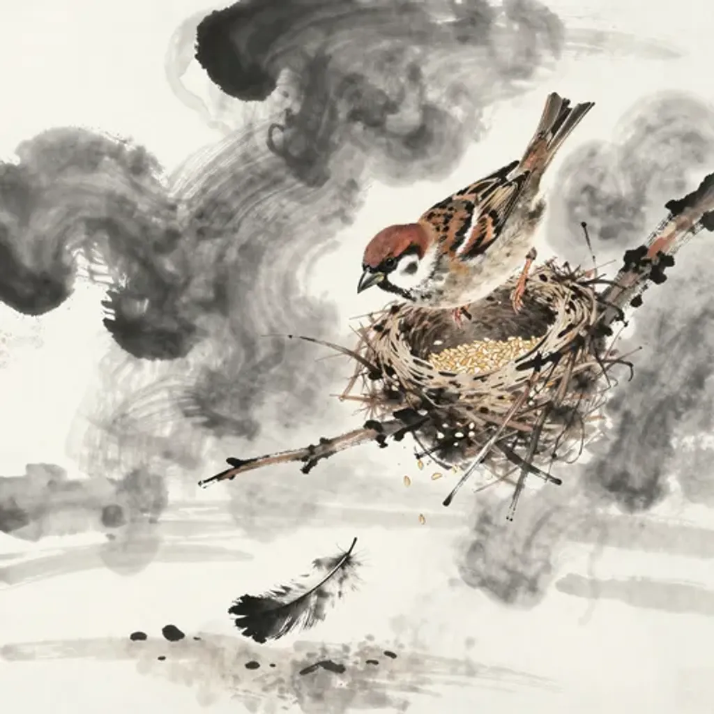 Ink brush artwork for the Yilin verse on Hexagram 61 changing to Hexagram 21