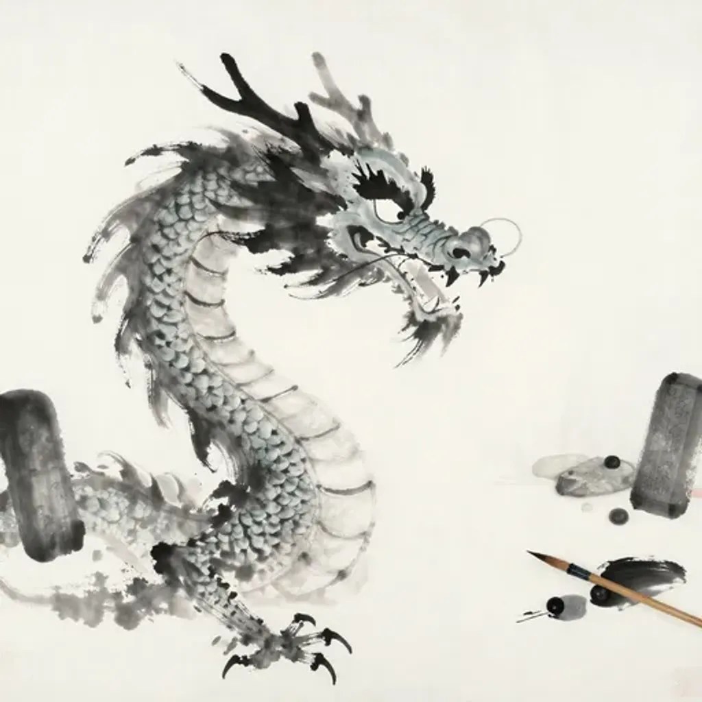 Ink brush artwork for the Yilin verse on Hexagram 61 changing to Hexagram 34