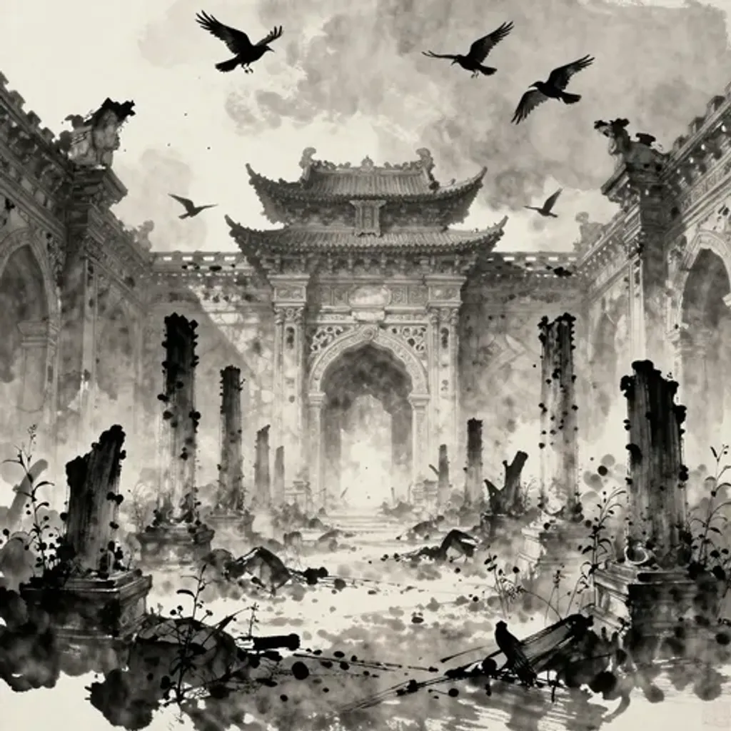 Ink brush artwork for the Yilin verse on Hexagram 61 changing to Hexagram 43
