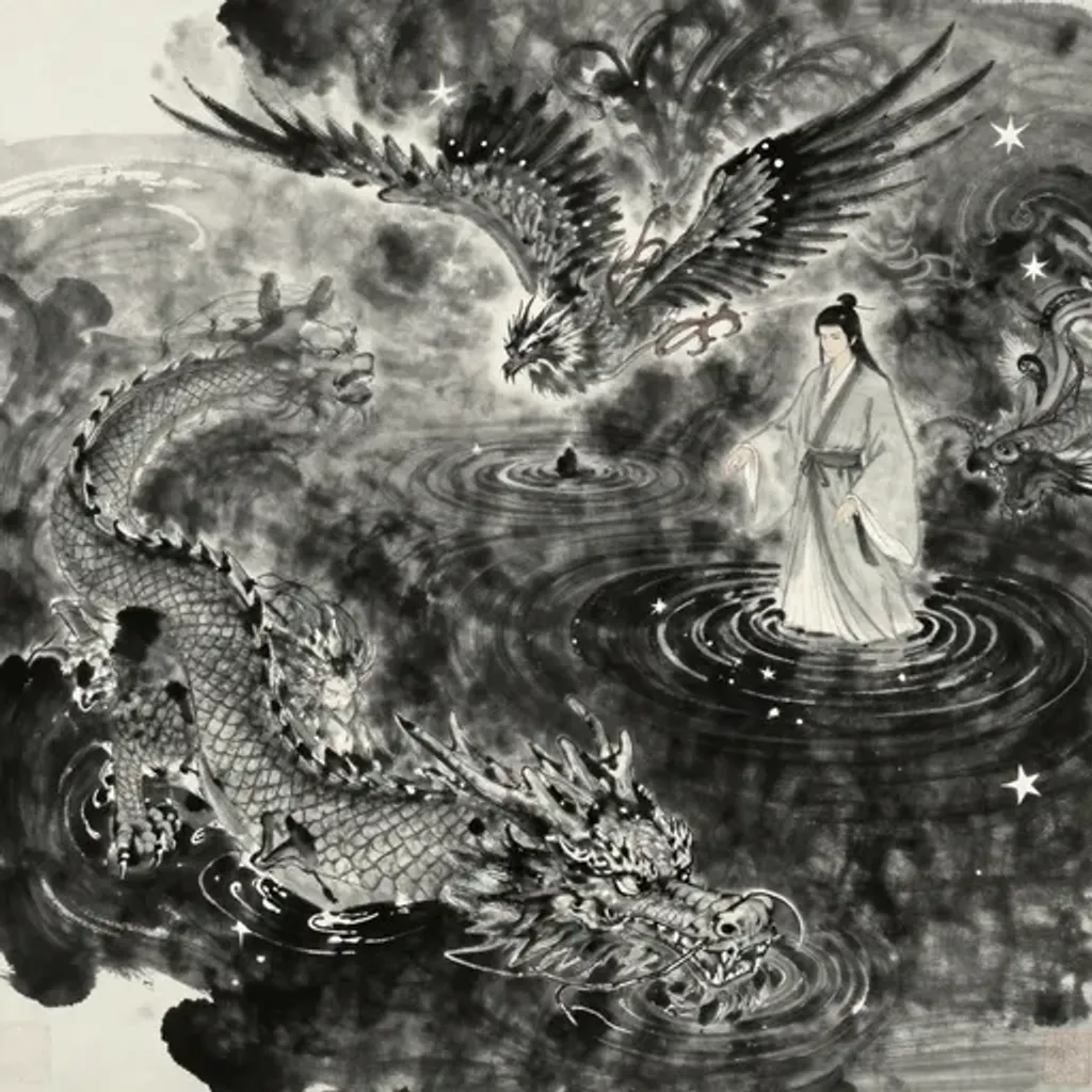 Ink brush artwork for the Yilin verse on Hexagram 61 changing to Hexagram 63