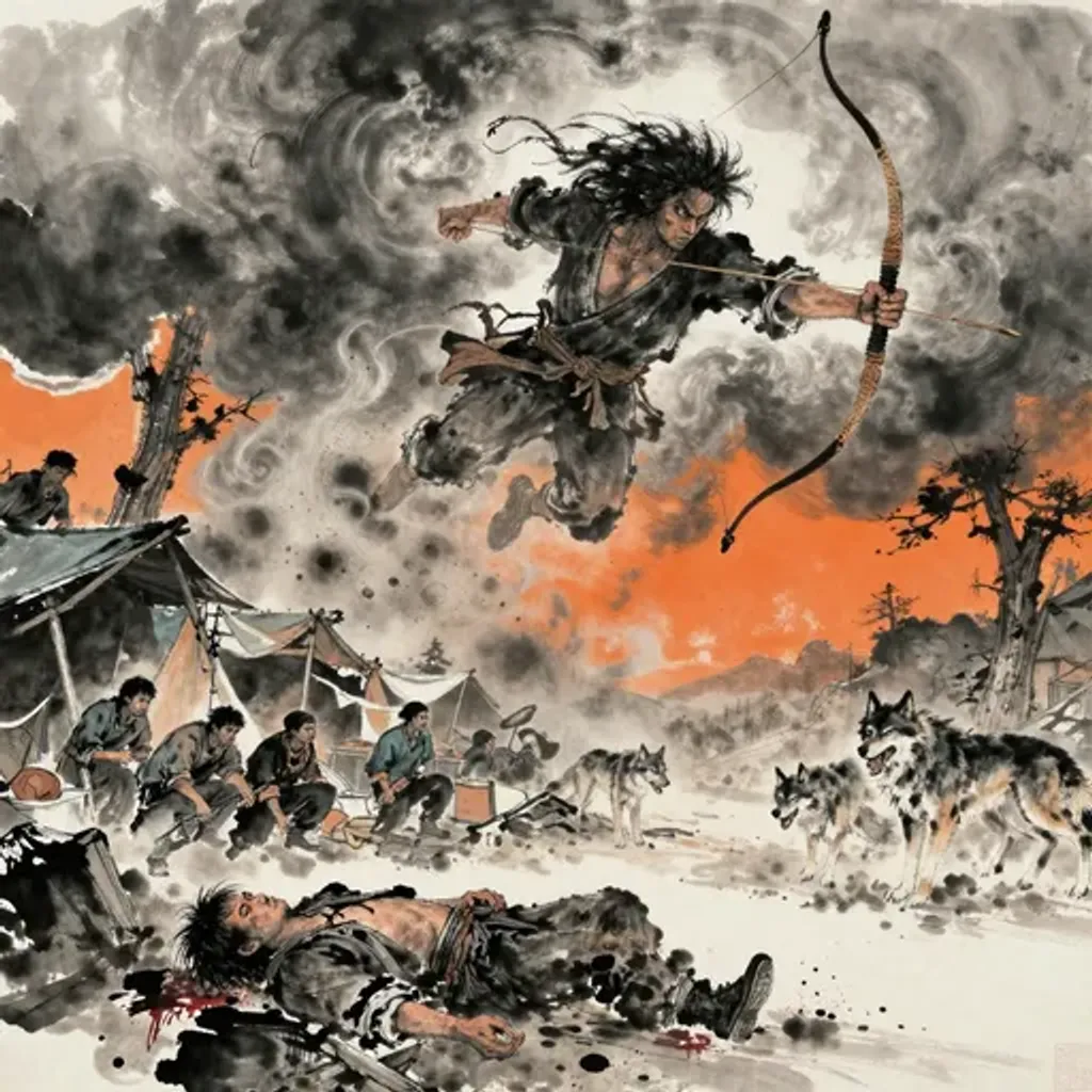 Ink brush artwork for the Yilin verse on Hexagram 62 changing to Hexagram 13