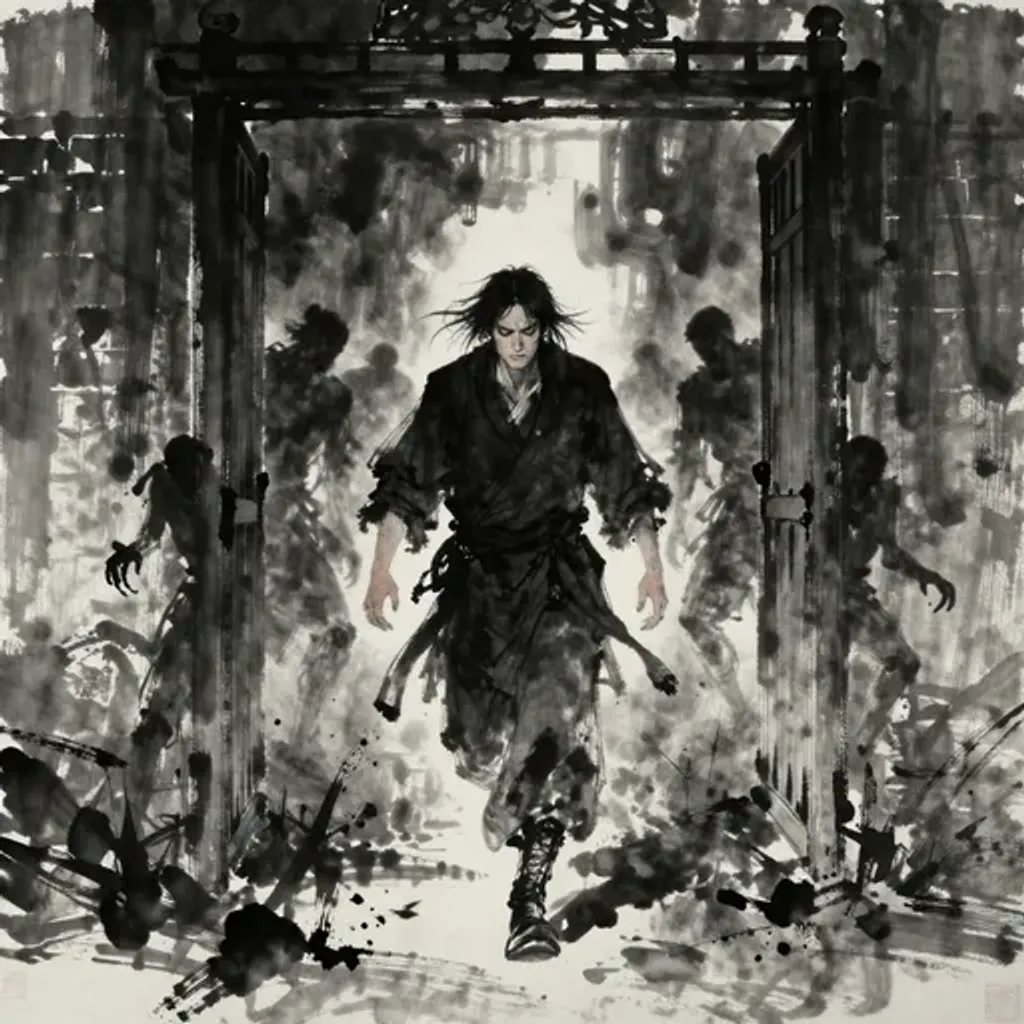 Ink brush artwork for the Yilin verse on Hexagram 62 changing to Hexagram 43