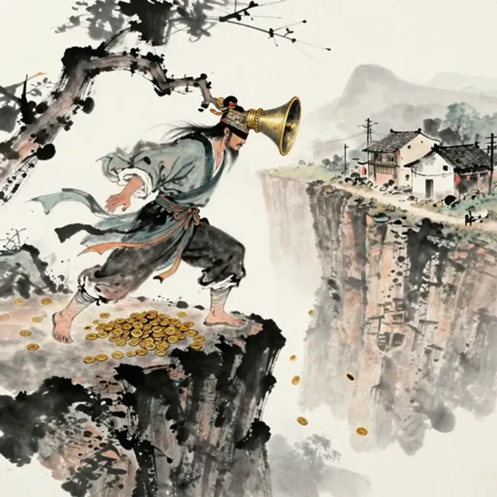 Ink brush artwork for the Yilin verse on Hexagram 62 changing to Hexagram 46