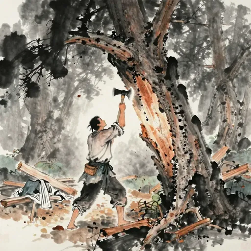 Ink brush artwork for the Yilin verse on Hexagram 62 changing to Hexagram 7
