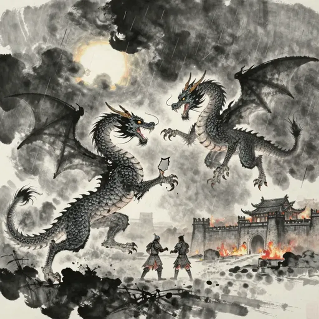 Ink brush artwork for the Yilin verse on Hexagram 63 changing to Hexagram 13
